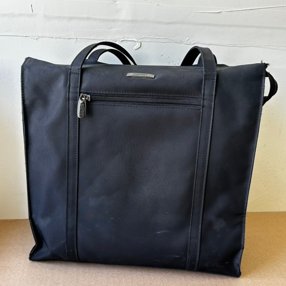 Esprit Vintage Black Nylon Tote Bag Large Shoulder Bag Zippered Travel Work Bag